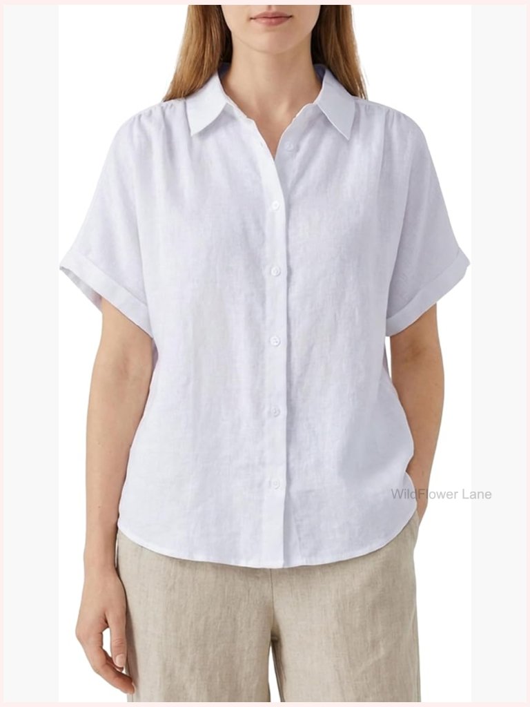 100% Linen Short Sleeve Button Down Shirt V-Neck Collared Blouse